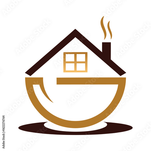 Brown and gold house logo with steaming chimney and cup shape home building