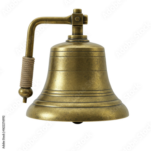 Antique brass nautical bell with a rustic rope pull handle showcasing a timeless design