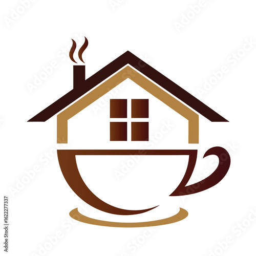 Brown and gold house symbol integrated with coffee cup and steam home