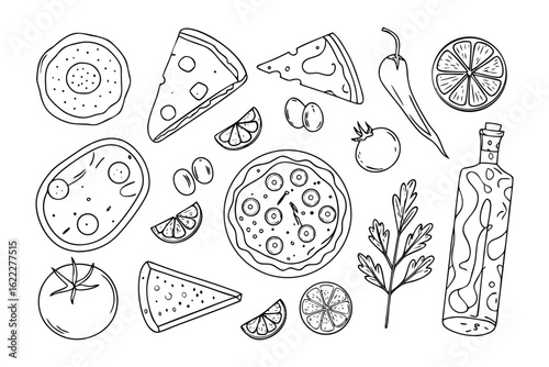 Delicious Food: A mouthwatering array of food illustration, showcasing various ingredients. The detailed sketch features diverse culinary delights, perfect for culinary publications and menus. 