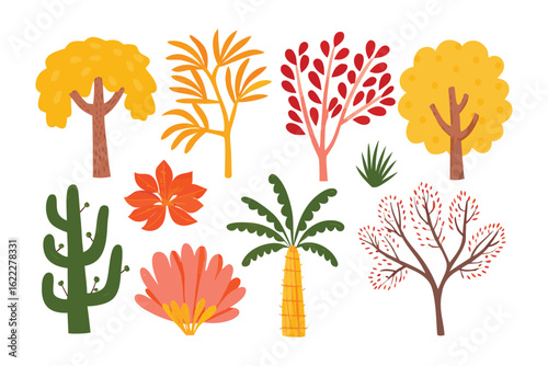 Colorful Botanical Variety: An array of beautifully rendered botanical illustrations showcases a diverse range of plants, from trees to cacti. Each element is meticulously crafted with a unique style.