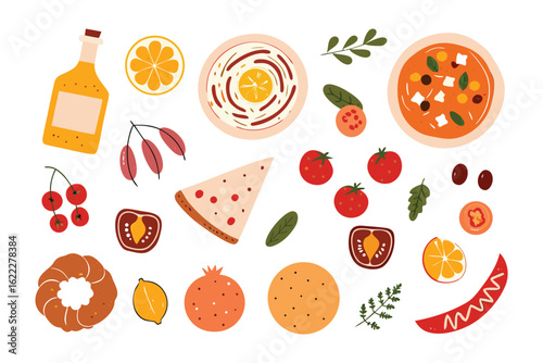 Mediterranean Cuisine: A colorful array of dishes, ingredients, and accompaniments, a feast for the eyes and a celebration of tastes. 