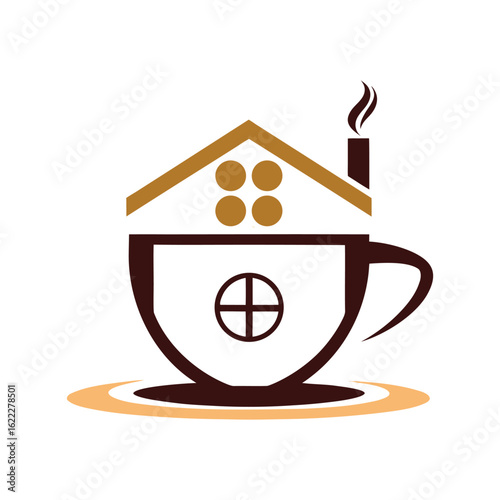Coffee cup shaped like a house with smoke coming from chimney and window home building