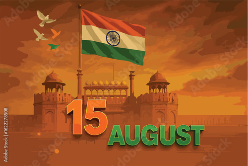 15 August 2025 India Independence Day – Red Fort Celebration Poster, Tricolor Flag, Flying Doves & Patriotic Sunset Illustration