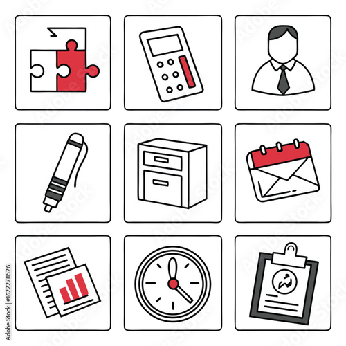 Icon Set Vector Illustration of Business Office Elements including puzzles calculator calendar clock and office worker in modern line art style