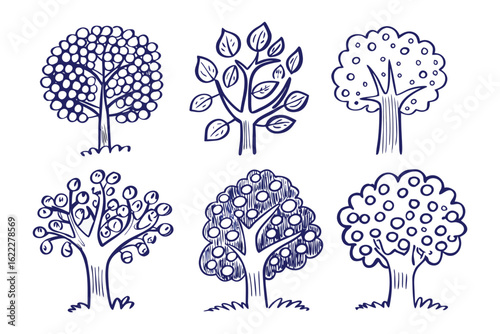 Sketched Trees Collection: A whimsical collection of hand-drawn trees, each with its unique shape, texture, and leaf pattern, showcasing the variety and beauty of nature's arboreal wonders.