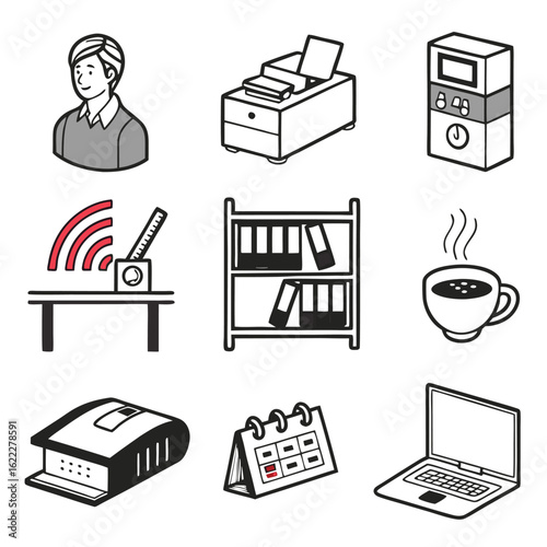 Icon Set Vector of Office Elements with Person Printer Calendar and Coffee Cup Modern Line Art Design
