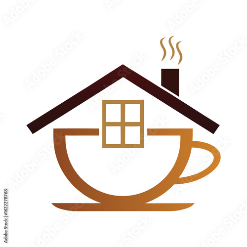 House shaped coffee cup with steam and window graphic home building