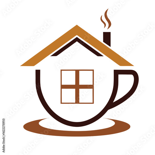 Stylized coffee cup with house roof and chimney emitting steam vector