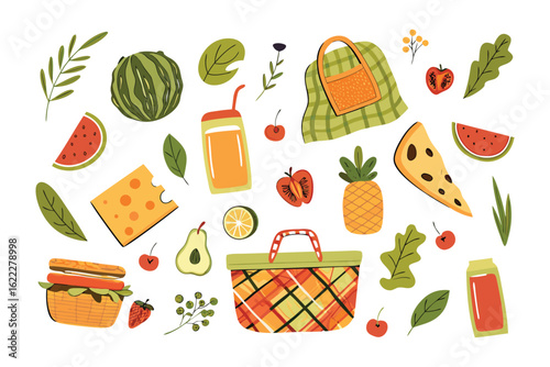 Summer Picnic Spread: An artistic arrangement of picnic essentials bursting with vibrant colors, from a juicy watermelon slice to a sunny juice, perfect for evoking a leisurely summer day.