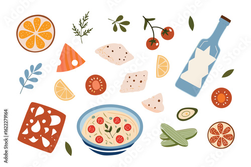 Delightful Culinary Spread: An inviting top-down illustration showcases a vibrant assortment of appetizing elements, masterfully arranged to evoke the freshness and allure of fine food.
