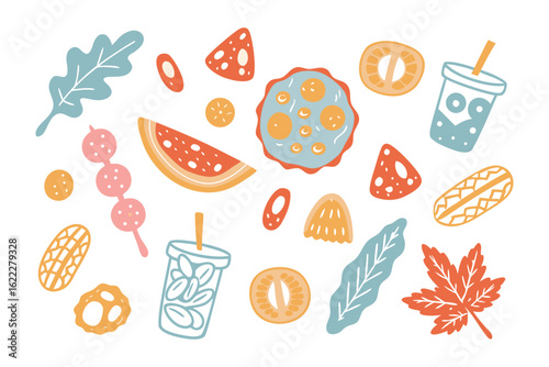 A Delicious Food Collection: a collection of delightful food items, ranging from fruits to snacks, arranged in a playful and appetizing manner.