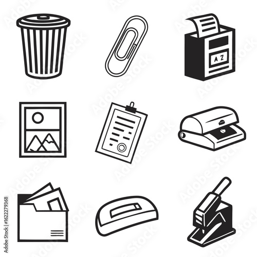 Icon Set Vector of Office Supplies in Outline Style with Paper Clip Stapler Trash Can Filing System Clip Board Hole Punch Minimalist Modern Design