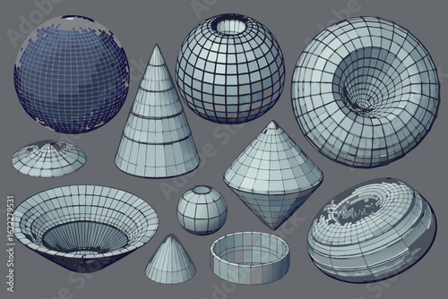 Abstract geometric shapes and forms in shaded blue vector illustration on a neutral gray background offering design possibilities and creative visualization