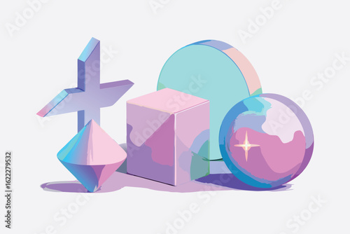Abstract geometric shapes in pastel hues with iridescent light effects isolated on a clean white background for design and decoration.