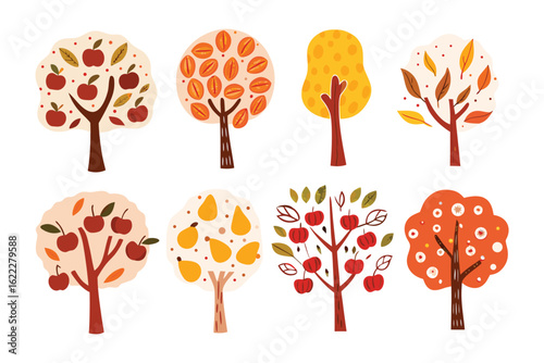Autumnal Orchard Variety: A charming collection of eight illustrated trees, each adorned with vibrant fruits and foliage, celebrating the essence of autumn's bounty and visual appeal.