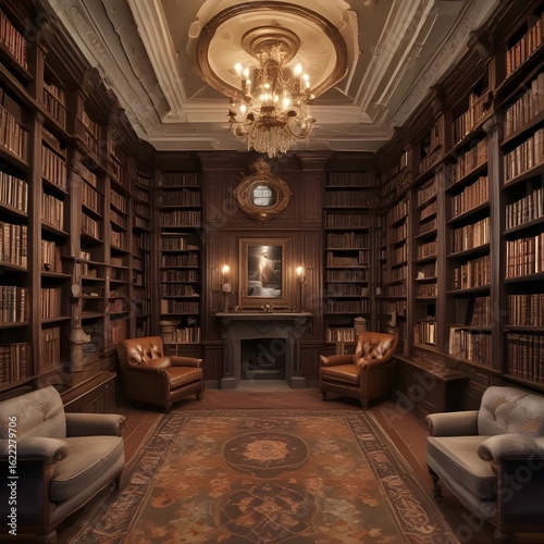 Grand library showcases dark wood bookshelves, fireplace and luxurious furnishings.