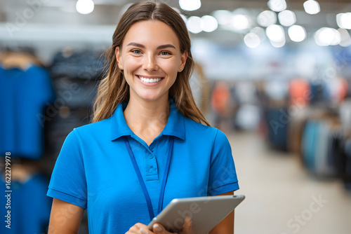 Smiling woman in blue polo shirt holding tablet in retail store with blurred background of clothing racks