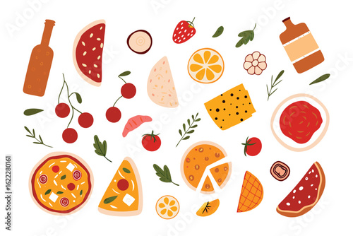 Culinary Symphony: A vibrant and appetizing assortment of fresh, colorful food items artfully arranged, offering a feast for the eyes and a promise of delightful flavors. 