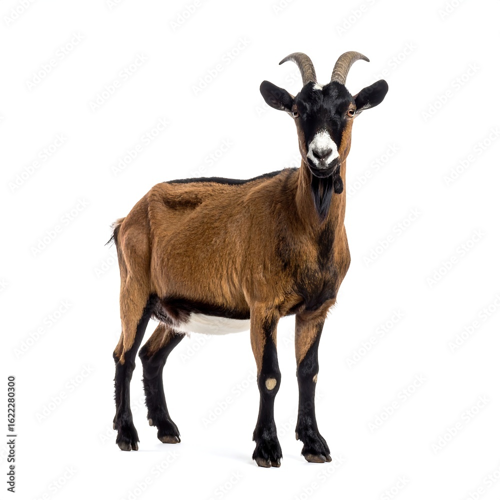 Fototapeta premium A brown goat stands against a white background, facing the camera