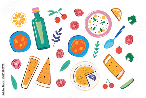 Delicious Culinary Composition: A vibrant assortment of ingredients and prepared dishes, artfully arranged in a visually appealing presentation. 