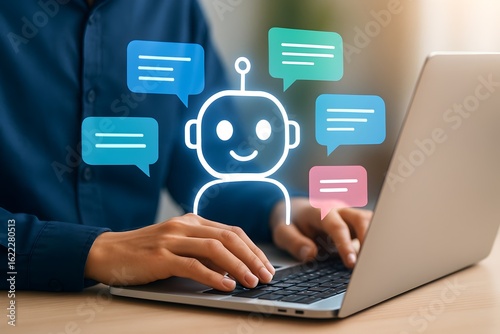 Wallpaper Mural A person is shown typing on a laptop keyboard. Overlaying the image is a prominent glowing white outline of a robot head icon (representing an AI bot or chatbot) surrounded by multiple colorful speech Torontodigital.ca