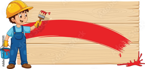 Boy painting wooden board, child artist with red paint, construction gear, DIY project, creative kid, home improvement, cartoon style