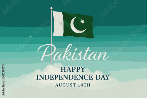 Happy Pakistan Independence Day 2025 – 14 August Sky Background, Green Flag on Pole, Crescent Moon & Star Patriotic Poster Design
