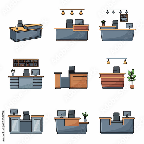 Office desks and reception counters in various styles