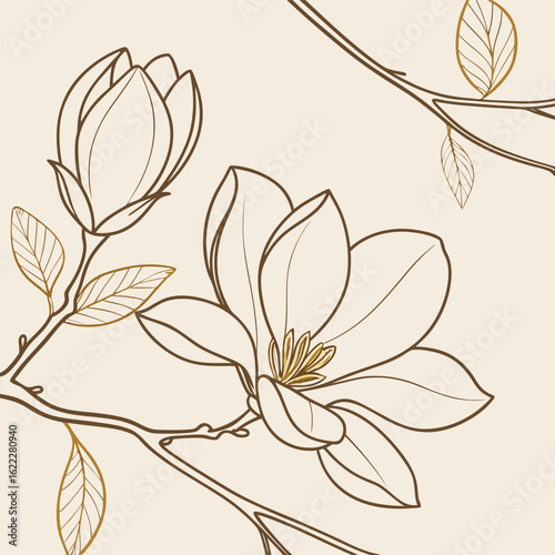 Elegant floral illustration featuring delicate magnolia blossoms and leaves in minimalist line art style on a neutral color scheme.