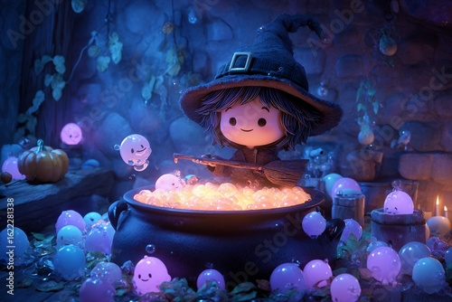 A potion-making witch stirring her glowing cauldron, halloween.