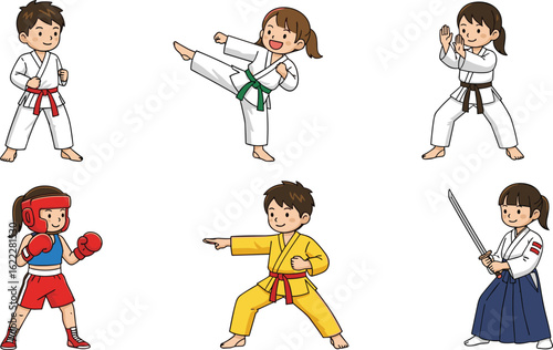 Children practicing karate, taekwondo, boxing, judo, kendo, martial arts training, kids in uniforms, sport poses, cartoon illustration, educational concept