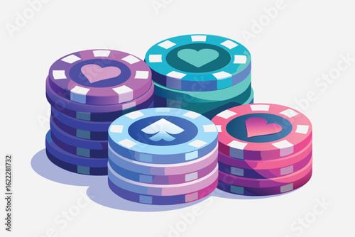 Isometric illustration of poker chips displaying suits and colors casino gambling theme