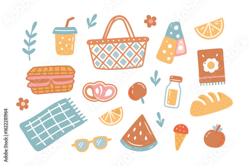 Picnic Essentials Illustrated: A cheerful collection of illustrated picnic items, including a basket, food, drink, and accessories, designed to evoke the warmth of a sunny day gathering.