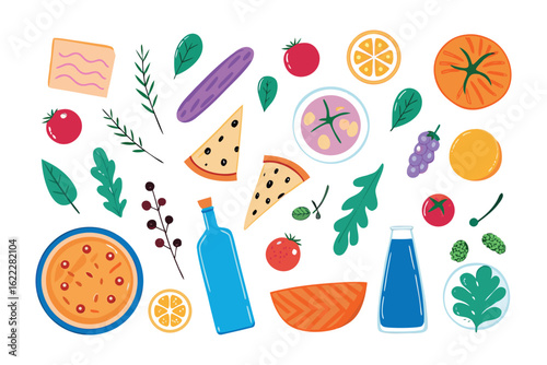 Diverse Culinary Elements: A delightful assortment of fresh, wholesome food elements artfully arranged, showcasing a vibrant palette of natural colors. An appetizing display