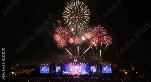 Spectacular Fireworks Display over Outdoor Concert Stage at Night Event