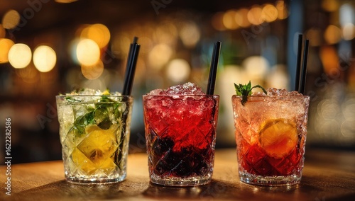 Three colorful cocktails in rocks glasses, garnished with fruit and mint, on a bar top