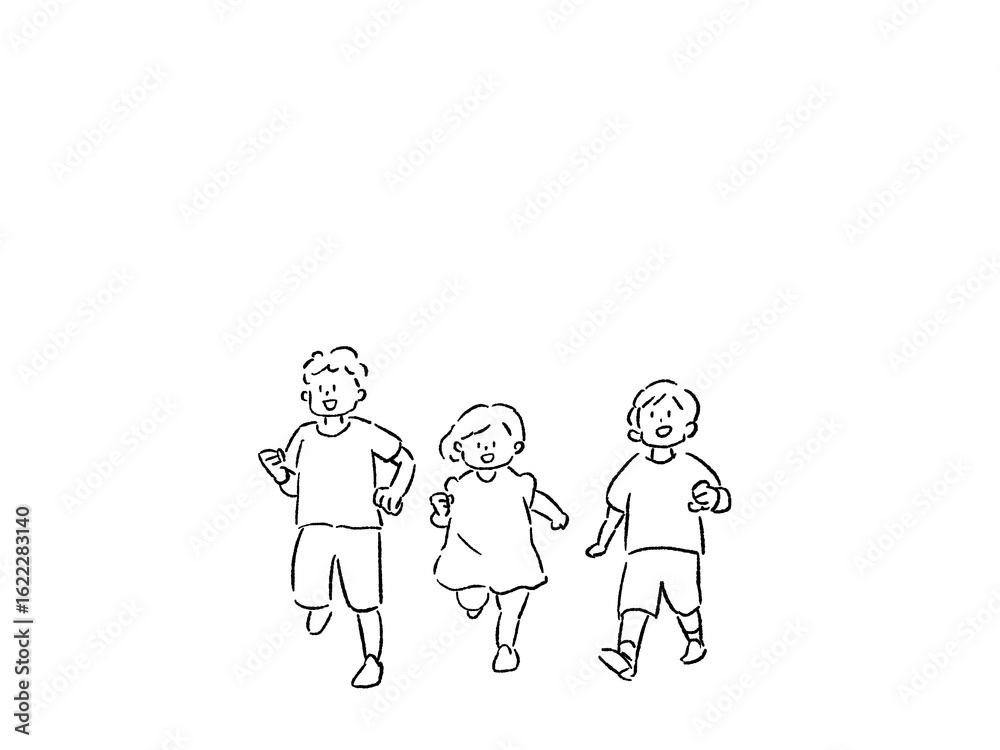 走る小さい男の子と女の子、3人、線画 走る小さい男の子と女の子、3人、線画