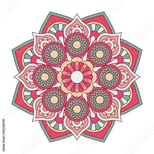Vector mandala isolated on white background. Ornament card with mandala on red and green colors. Oriental pattern, vintage decorative element for design