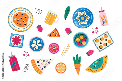Culinary Delights: An artful arrangement of various appetizing food items, artfully composed, featuring a diverse array of ingredients and textures, showcasing the art of dining.