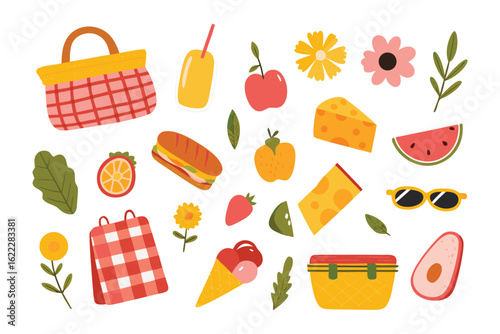 Summer Picnic Delights: A delightful assortment of picnic essentials, capturing the essence of outdoor feasting with vibrant food, refreshing beverages, and cheerful accessories.