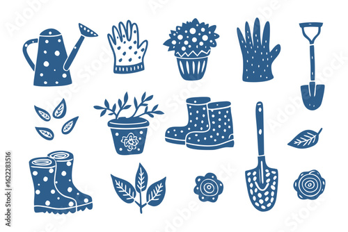 Garden Icons: A charming illustration of gardening tools and elements, capturing the essence of horticultural activity and seasonal delight. 