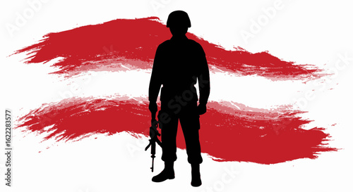 Silhouette of Soldier with Rifle Against Abstract Red and White Background