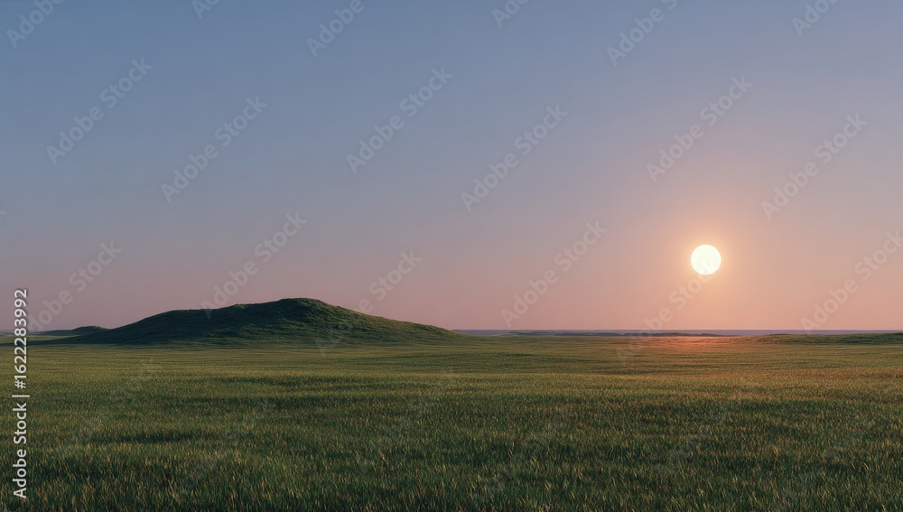 Obraz premium Sunrise over a grassy plain. Lush green field stretches to hazy hills. Soft sunset light