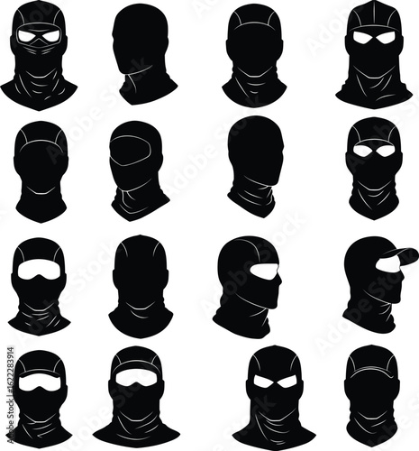Silhouettes of Black Balaclavas and Ski Masks: A Comprehensive Collection of Headwear Icons for Winter Sports, Security, and Outdoor Activities, Featuring Full Face, Neck Gaiter, and Goggle Opening.