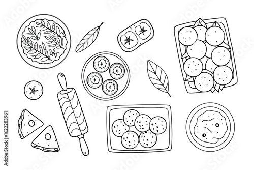 Culinary Elements: A top-down view presents an array of essential culinary elements and ingredients, ideal for food-related design needs.