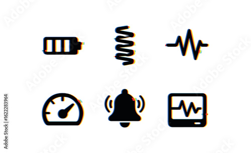 six different glitch effect illustration isolated on white backgorund vigor energy bar vigor spring coil vigor pulse meter vigor stamina gauge vigor alerting bell vigor heartbeat monitor