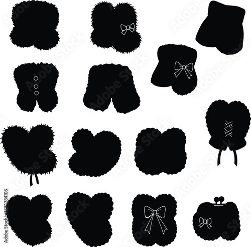 A collection of various vector black and white fur winter clothing silhouettes, including muffs, hats, and mittens with bows and buttons, for stylish cold-weather projects and more.