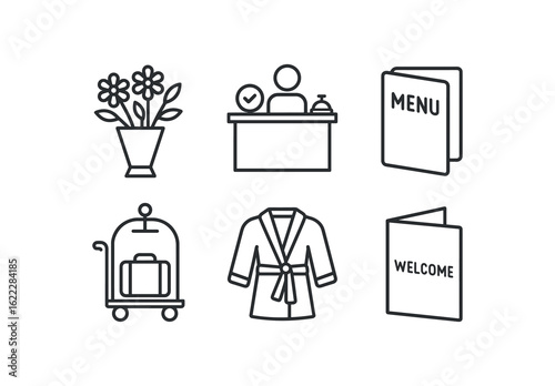 simple straight perfect outline stroke icon items monoline icons style isolated on white background hospitality flower arrangement hospitality reception desk hospitality menu holder