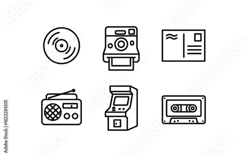 simple straight perfect outline stroke icon items monoline icons style isolated on white background nostalgia vinyl record nostalgia polaroid camera nostalgia vintage postcard nostalgia